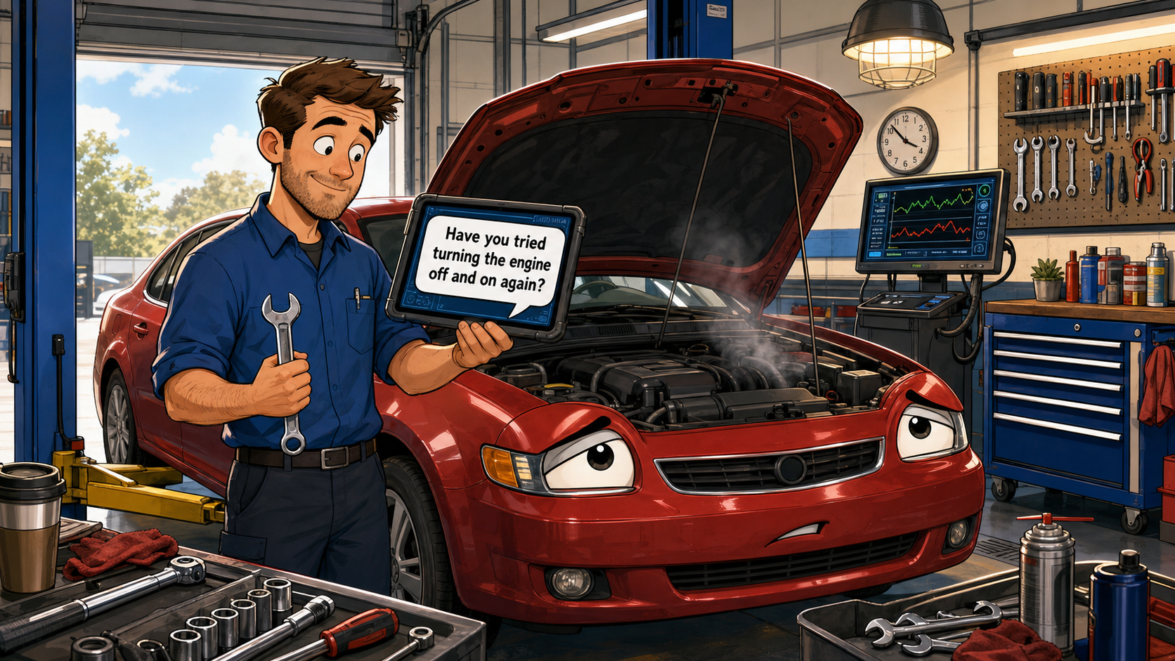 Cartoon of a mechanic holding a diagnostic tablet while a red car asks whether he tried turning the engine off and on again.